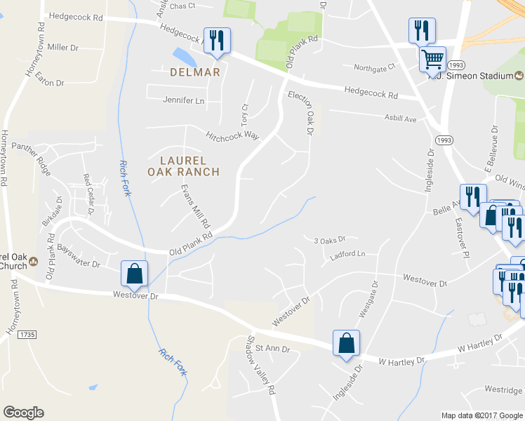 map of restaurants, bars, coffee shops, grocery stores, and more near 5711 Election Oak Drive in High Point