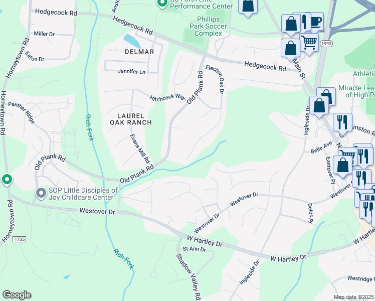 map of restaurants, bars, coffee shops, grocery stores, and more near 5711 Election Oak Drive in High Point