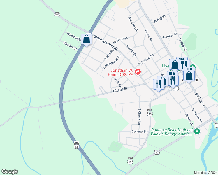 map of restaurants, bars, coffee shops, grocery stores, and more near 713 Ghent Street in Windsor