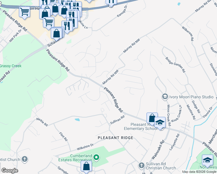 map of restaurants, bars, coffee shops, grocery stores, and more near 6256 Vandemere Drive in Knoxville
