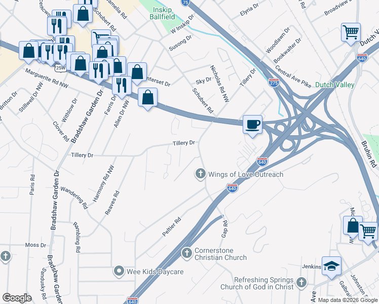 map of restaurants, bars, coffee shops, grocery stores, and more near 1305 Wilson Road in Knoxville