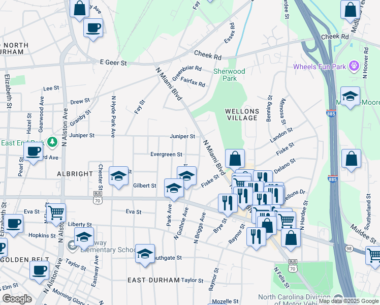 map of restaurants, bars, coffee shops, grocery stores, and more near 1202 Alma Street in Durham