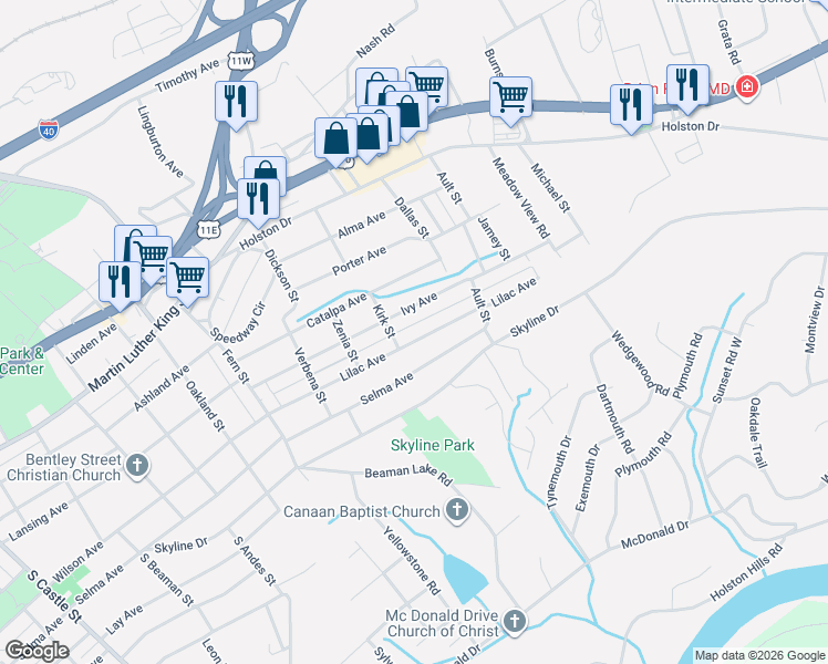 map of restaurants, bars, coffee shops, grocery stores, and more near 4002 Lilac Avenue in Knoxville