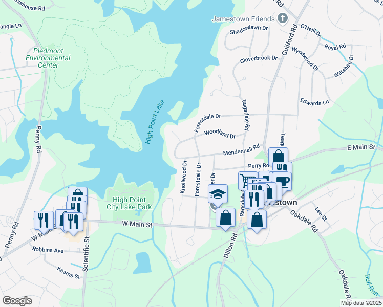 map of restaurants, bars, coffee shops, grocery stores, and more near 402 Mendenhall Road in Jamestown
