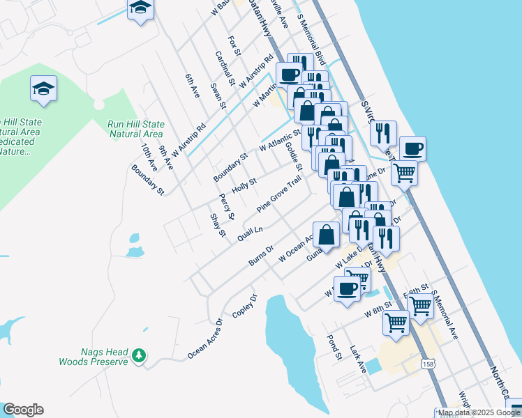 map of restaurants, bars, coffee shops, grocery stores, and more near 308 Quail Lane in Kill Devil Hills