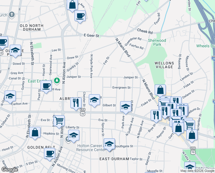 map of restaurants, bars, coffee shops, grocery stores, and more near 1210 Evergreen Street in Durham