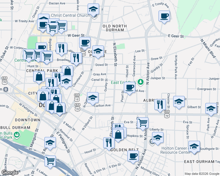 map of restaurants, bars, coffee shops, grocery stores, and more near 505 North Elizabeth Street in Durham