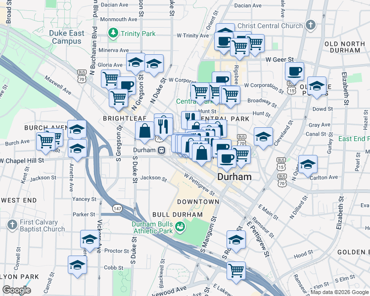 map of restaurants, bars, coffee shops, grocery stores, and more near 341 West Main Street in Durham