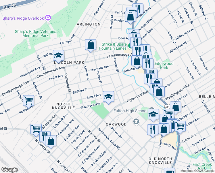 map of restaurants, bars, coffee shops, grocery stores, and more near in Knoxville