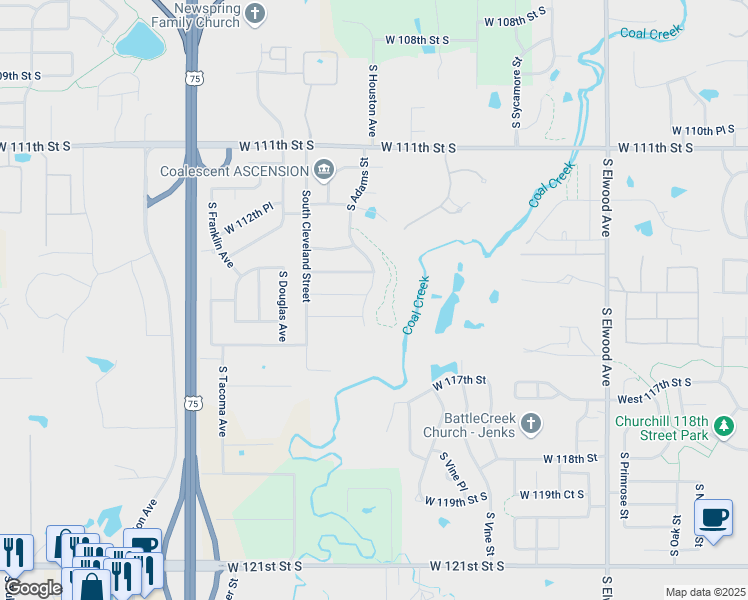 map of restaurants, bars, coffee shops, grocery stores, and more near 2602 West 115th Street South in Jenks