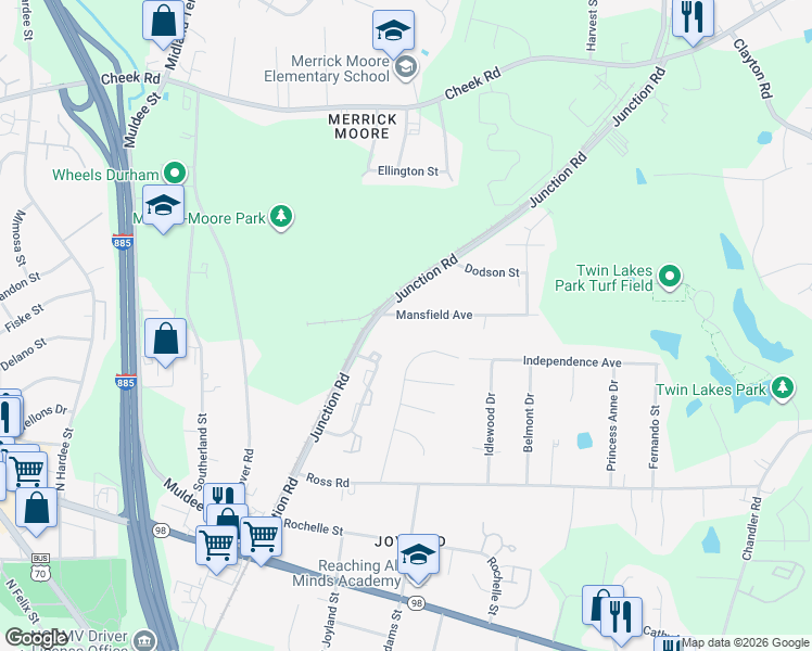 map of restaurants, bars, coffee shops, grocery stores, and more near 2618 Mansfield Avenue in Durham
