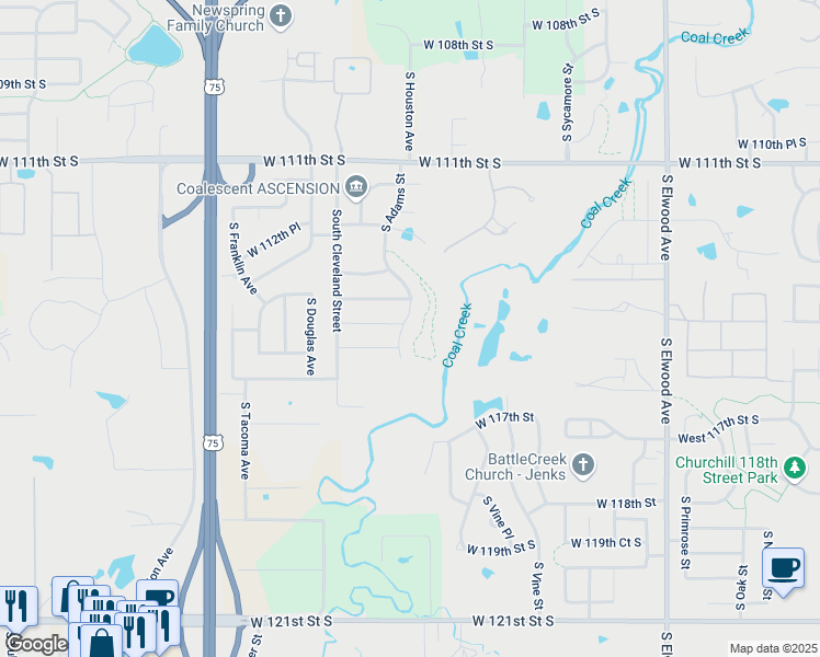 map of restaurants, bars, coffee shops, grocery stores, and more near 2602 West 115th Street South in Jenks