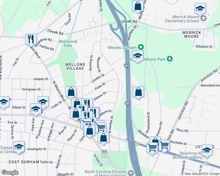 map of restaurants, bars, coffee shops, grocery stores, and more near 1153 Delano Street in Durham