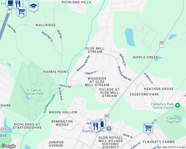 map of restaurants, bars, coffee shops, grocery stores, and more near 323 Lilliput Lane in Wake Forest