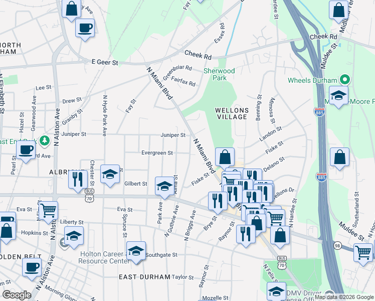map of restaurants, bars, coffee shops, grocery stores, and more near 1113 North Guthrie Avenue in Durham