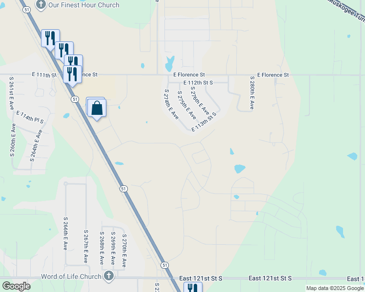 map of restaurants, bars, coffee shops, grocery stores, and more near 27412 East 113th Street South in Coweta