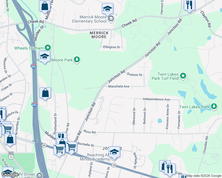 map of restaurants, bars, coffee shops, grocery stores, and more near 2618 Mansfield Avenue in Durham