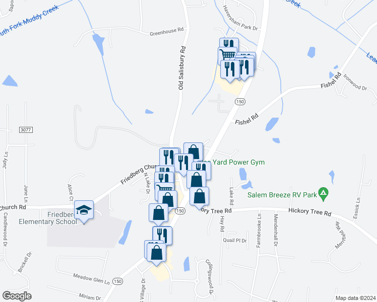 map of restaurants, bars, coffee shops, grocery stores, and more near 545 Friedberg Church Road in Winston-Salem