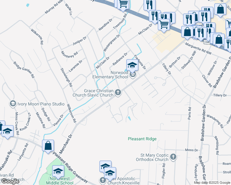 map of restaurants, bars, coffee shops, grocery stores, and more near 5401 Wil Loyd Drive in Knoxville