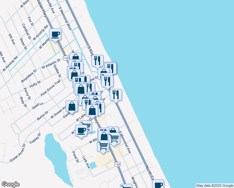 map of restaurants, bars, coffee shops, grocery stores, and more near 1903 South Virginia Dare Trail in Kill Devil Hills