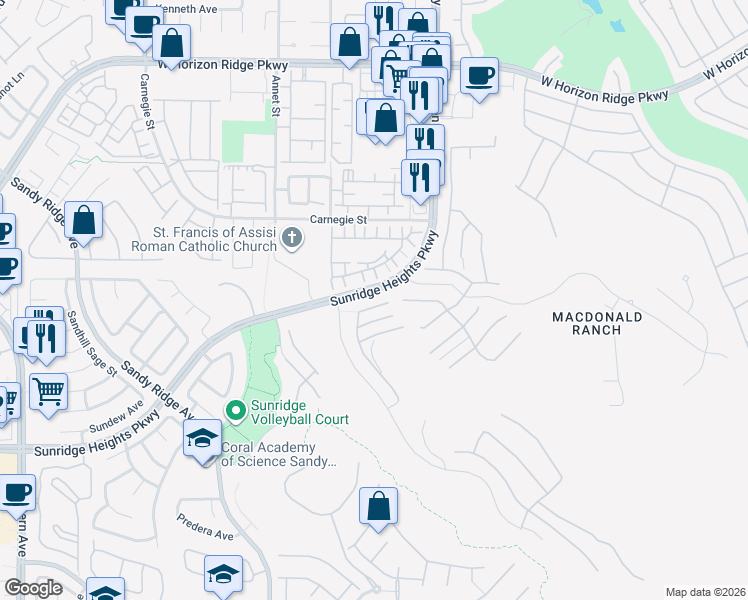 map of restaurants, bars, coffee shops, grocery stores, and more near 2264 Edge Ridge Court in Henderson