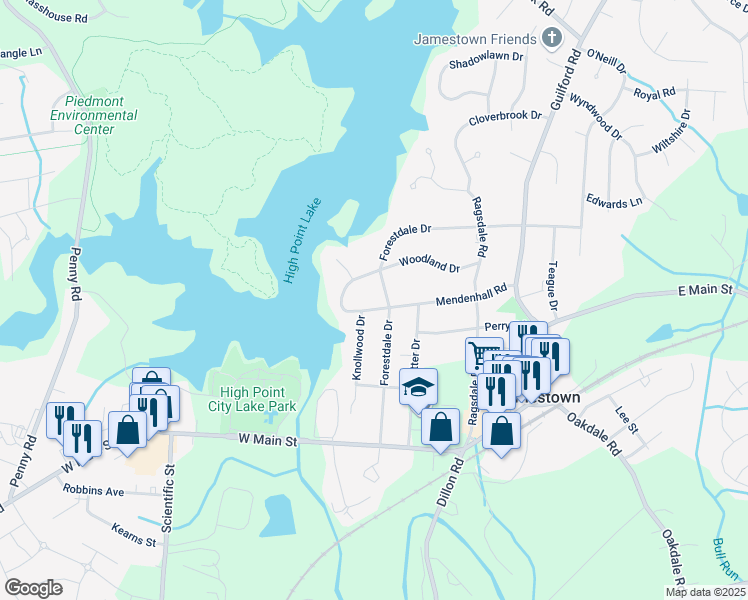 map of restaurants, bars, coffee shops, grocery stores, and more near 402 Mendenhall Road in Jamestown