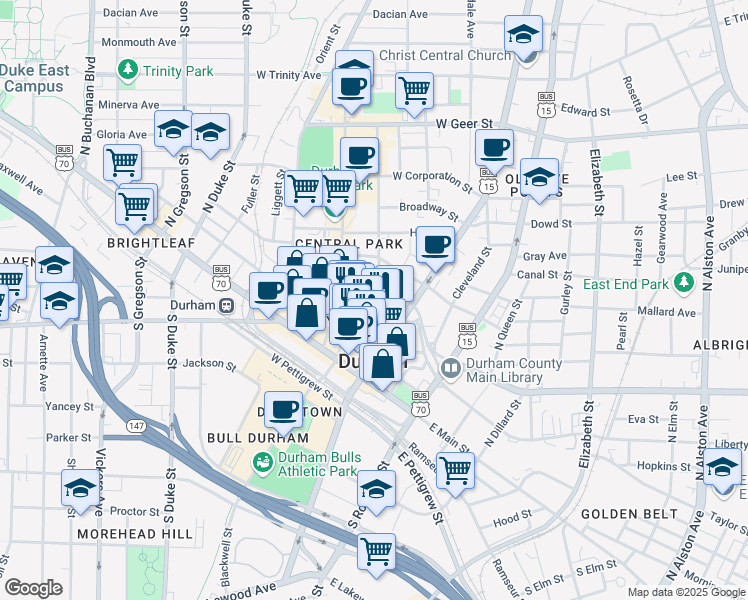map of restaurants, bars, coffee shops, grocery stores, and more near 200 Rigsbee Avenue in Durham