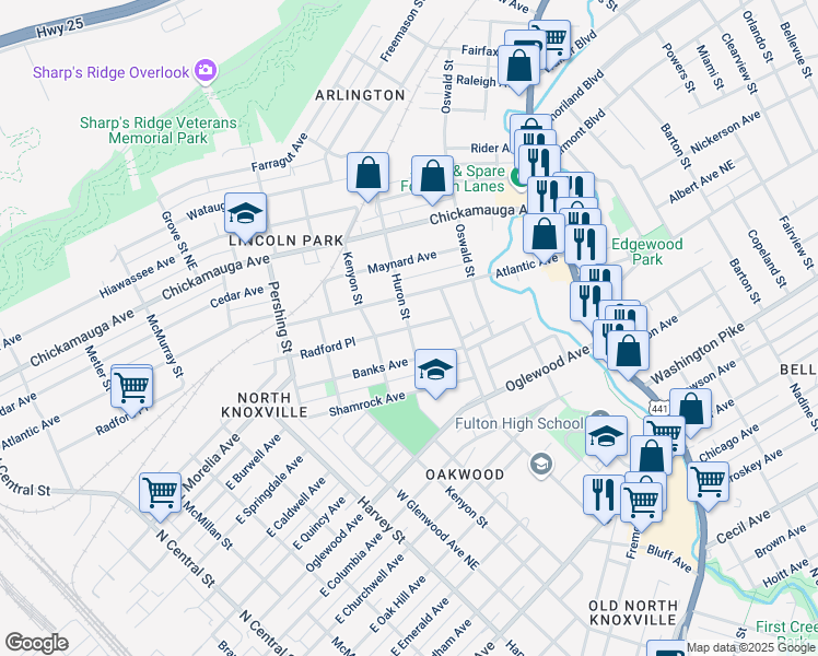 map of restaurants, bars, coffee shops, grocery stores, and more near Huron St & Radford Pl NE in Knoxville