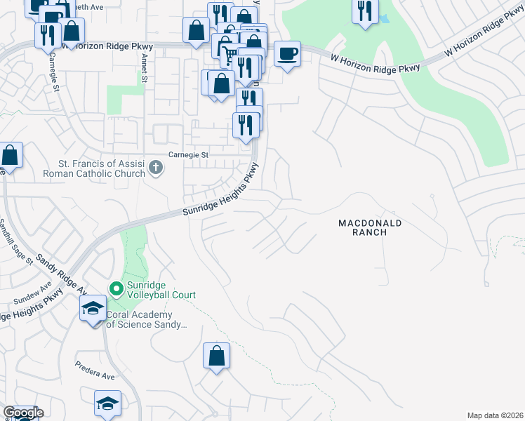 map of restaurants, bars, coffee shops, grocery stores, and more near 2224 Summit Mesa Lane in Henderson