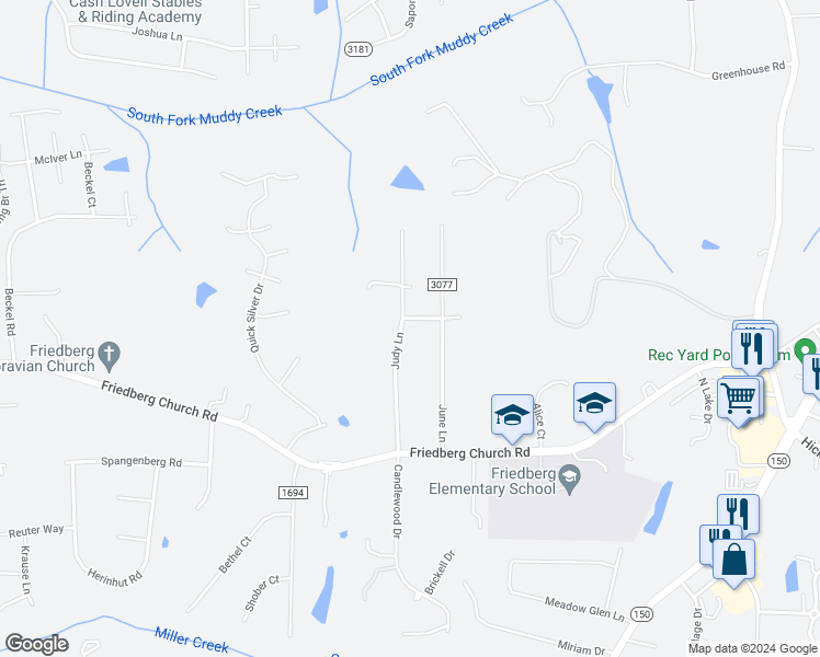 map of restaurants, bars, coffee shops, grocery stores, and more near Judy Lane in Winston-Salem