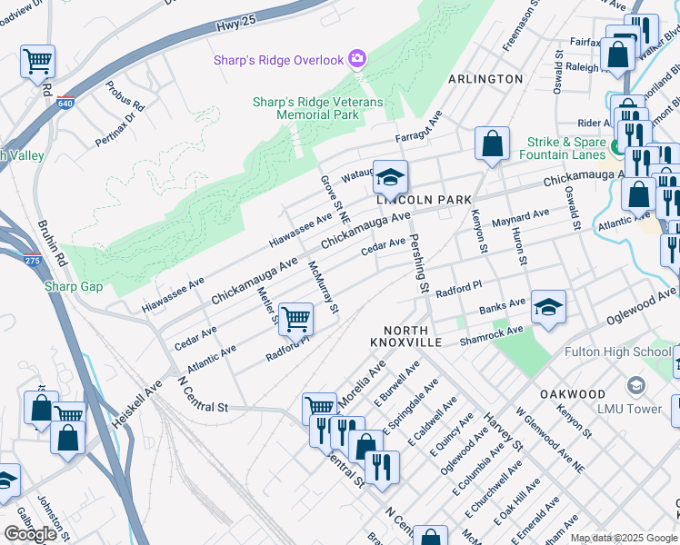 map of restaurants, bars, coffee shops, grocery stores, and more near 426 Atlantic Avenue in Knoxville