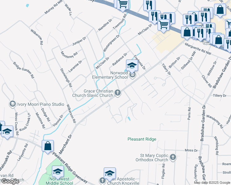 map of restaurants, bars, coffee shops, grocery stores, and more near 5401 Wil Loyd Drive in Knoxville
