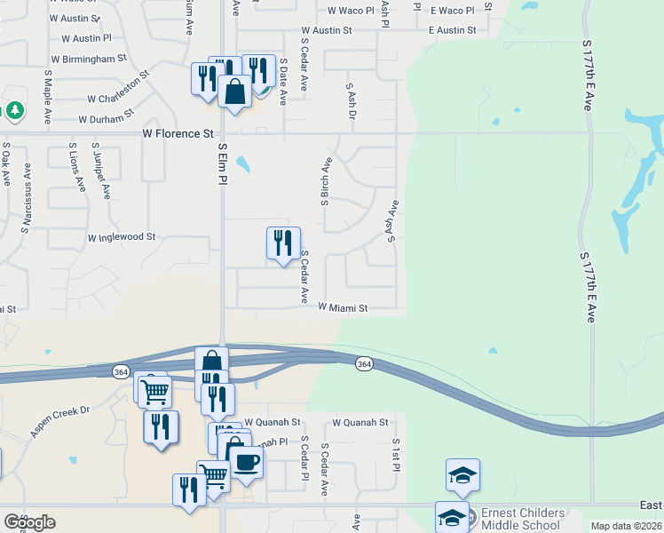 map of restaurants, bars, coffee shops, grocery stores, and more near 5704 South Ash Court in Broken Arrow