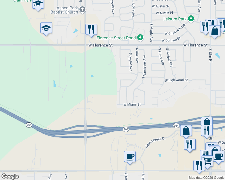 map of restaurants, bars, coffee shops, grocery stores, and more near 5308 South Redbud Avenue in Broken Arrow
