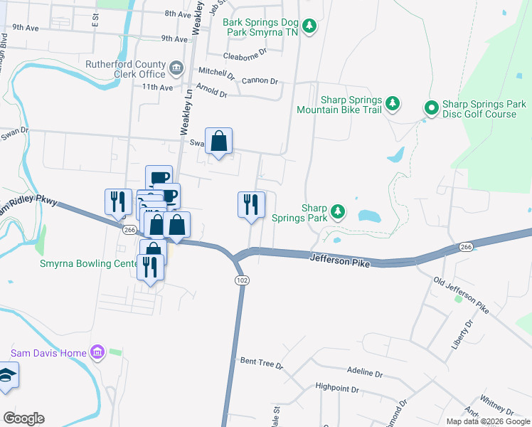 map of restaurants, bars, coffee shops, grocery stores, and more near 104 Gils Street in Smyrna