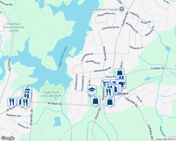 map of restaurants, bars, coffee shops, grocery stores, and more near 302 Mendenhall Road in Jamestown