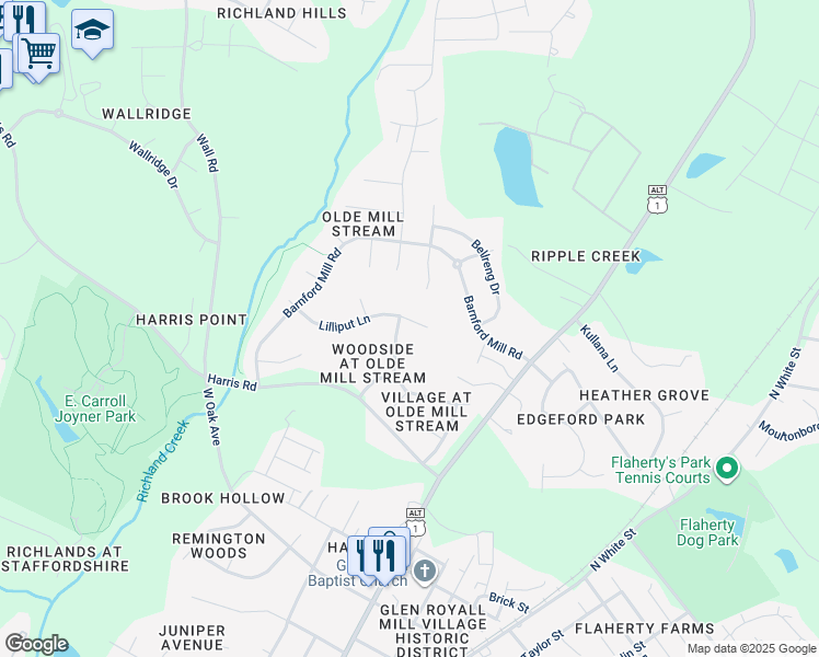 map of restaurants, bars, coffee shops, grocery stores, and more near 217 Lilliput Lane in Wake Forest