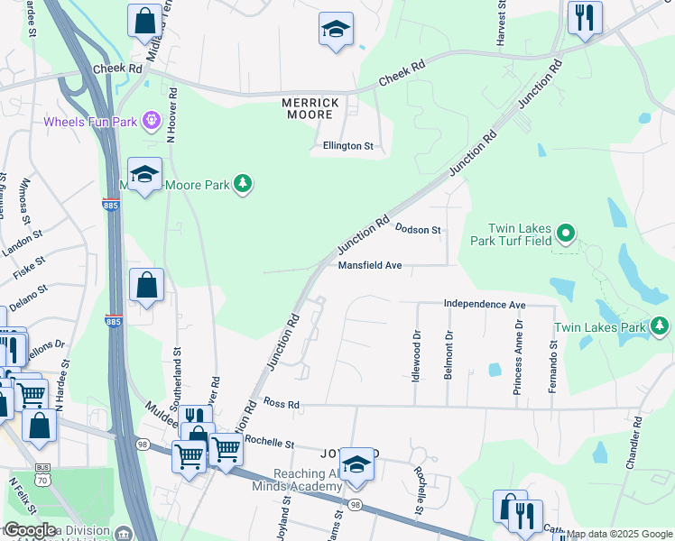 map of restaurants, bars, coffee shops, grocery stores, and more near 2612 Mansfield Avenue in Durham
