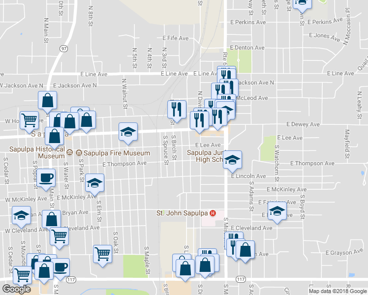 map of restaurants, bars, coffee shops, grocery stores, and more near 814 East Lee Avenue in Sapulpa