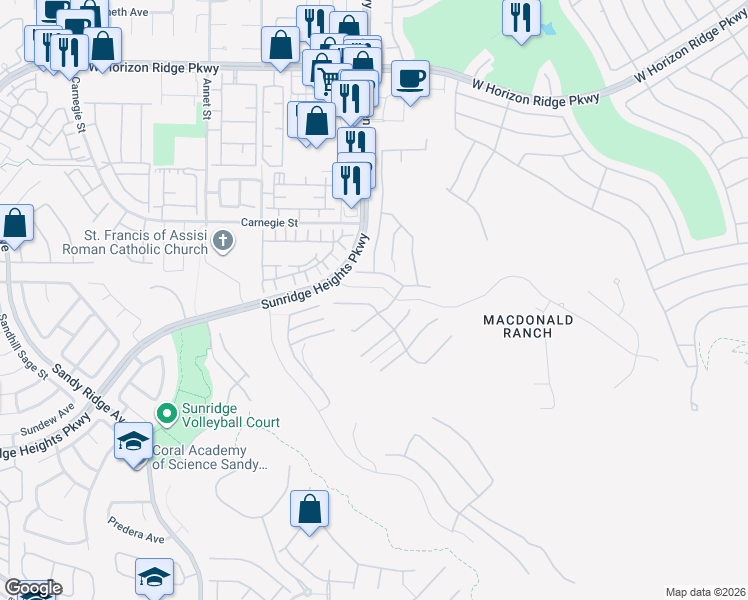 map of restaurants, bars, coffee shops, grocery stores, and more near 2216 Sky Pointe Ridge Drive in Henderson