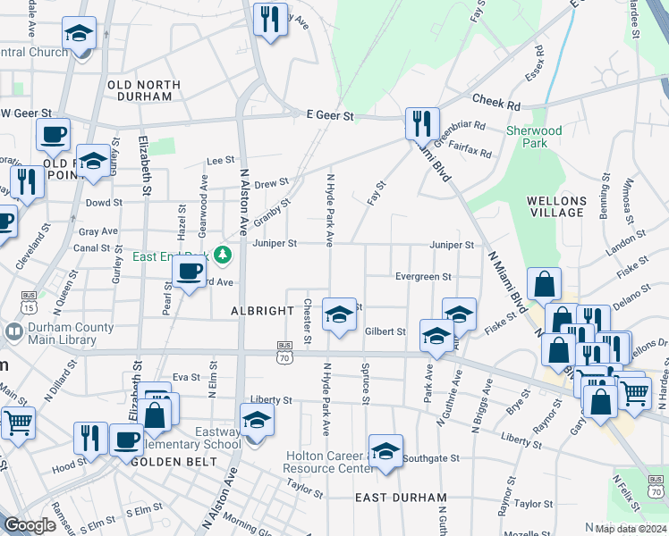 map of restaurants, bars, coffee shops, grocery stores, and more near 1215 North Hyde Park Avenue in Durham