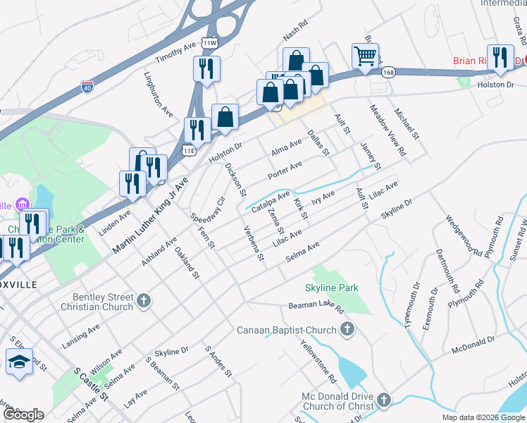 map of restaurants, bars, coffee shops, grocery stores, and more near 3835 Catalpa Avenue in Knoxville