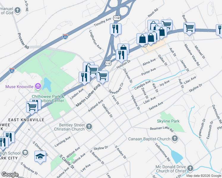 map of restaurants, bars, coffee shops, grocery stores, and more near 3711 Speedway Circle in Knoxville