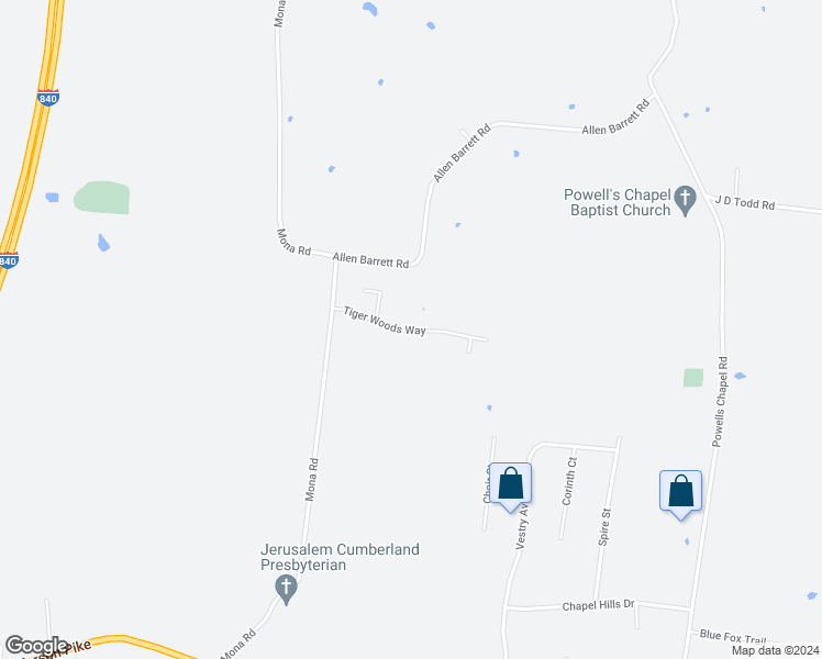map of restaurants, bars, coffee shops, grocery stores, and more near Tiger Woods Way in Murfreesboro