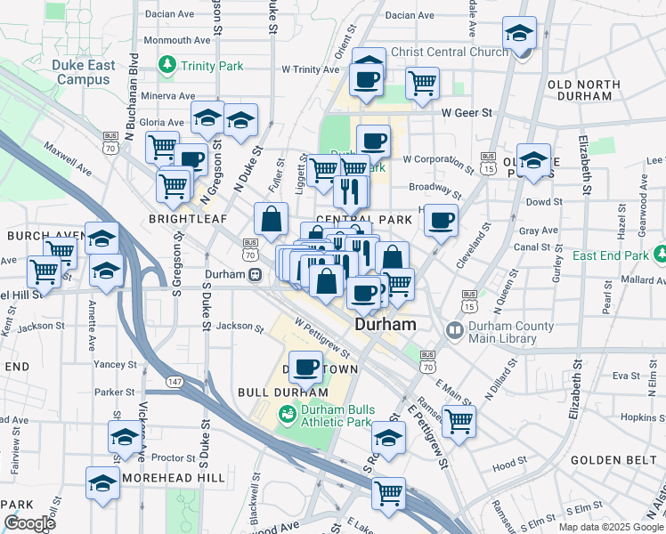 map of restaurants, bars, coffee shops, grocery stores, and more near 309 West Morgan Street in Durham