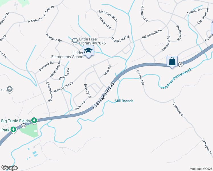 map of restaurants, bars, coffee shops, grocery stores, and more near 100 Bermuda Road in Oak Ridge