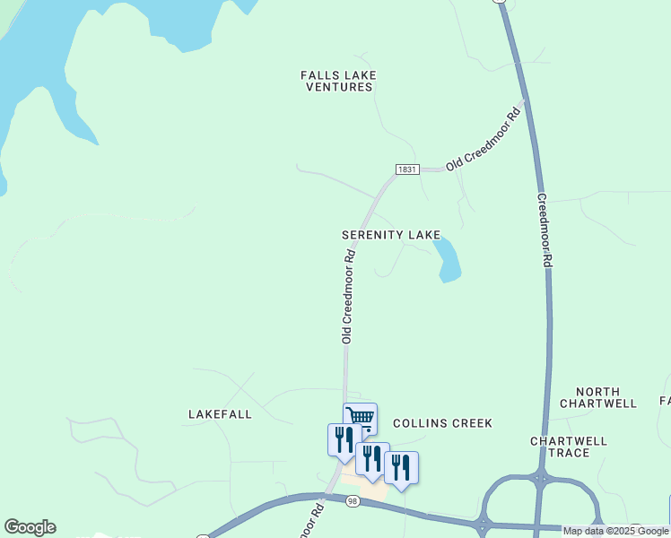 map of restaurants, bars, coffee shops, grocery stores, and more near 13605 Old Creedmoor Road in Wake Forest