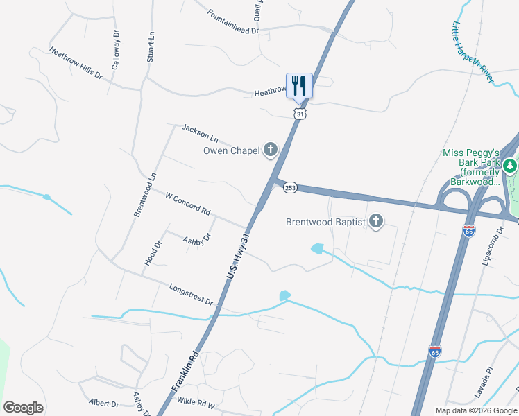 map of restaurants, bars, coffee shops, grocery stores, and more near 1101 Franklin Road in Brentwood