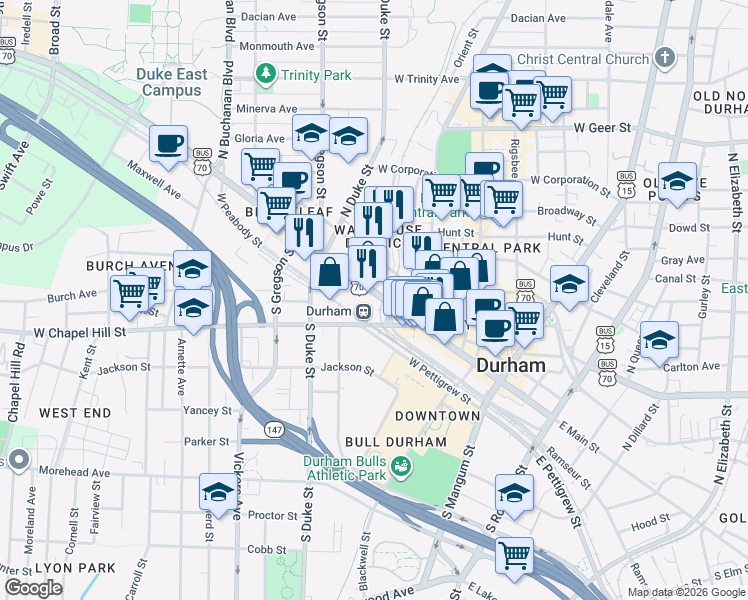 map of restaurants, bars, coffee shops, grocery stores, and more near 601 West Main Street in Durham