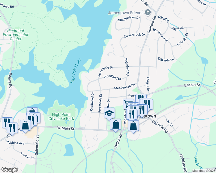 map of restaurants, bars, coffee shops, grocery stores, and more near 117 Woodland Drive in Jamestown